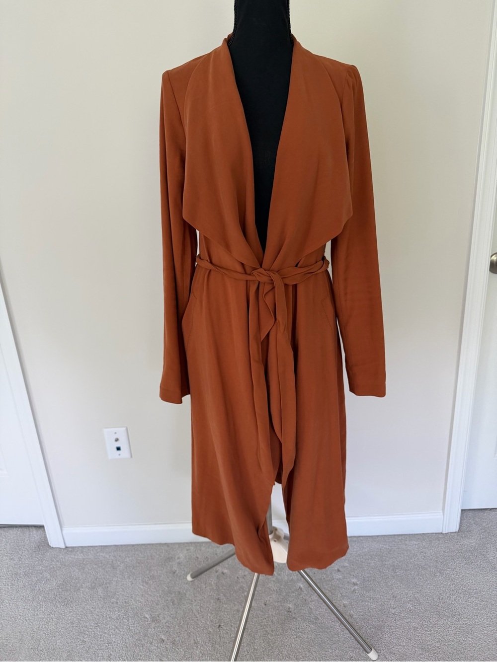 Express Terracotta Drape Front Long Cardigan Jacket | Belted Lightweight Coat